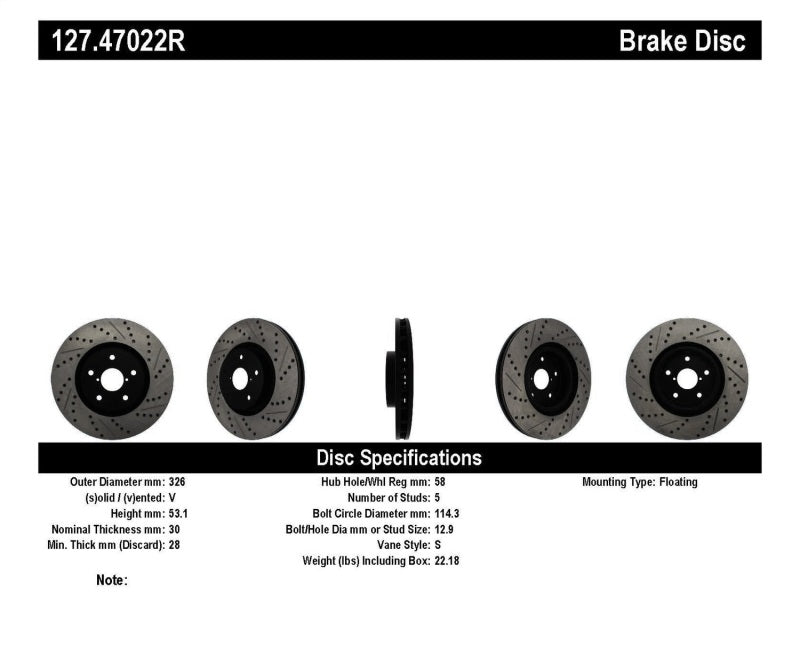 StopTech 05-10 Subaru Impreza WRX/STi Slotted & Drilled Right Front Rotor 127.47022R