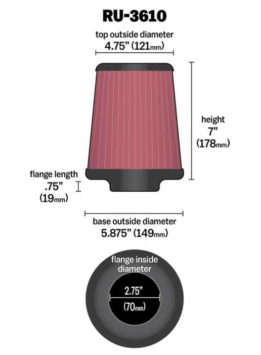 K&N Universal Rubber Filter 2.75in Flange ID x 5.875in Base OD x 4.75in Top OD x 7in Height RU-3610