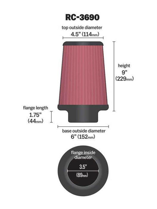 K&N Universal Chrome Filter 3 1/2 inch ID FLG / 6 inch Bottom / 4 1/2 inch CR / 9 inch Length RC-3690