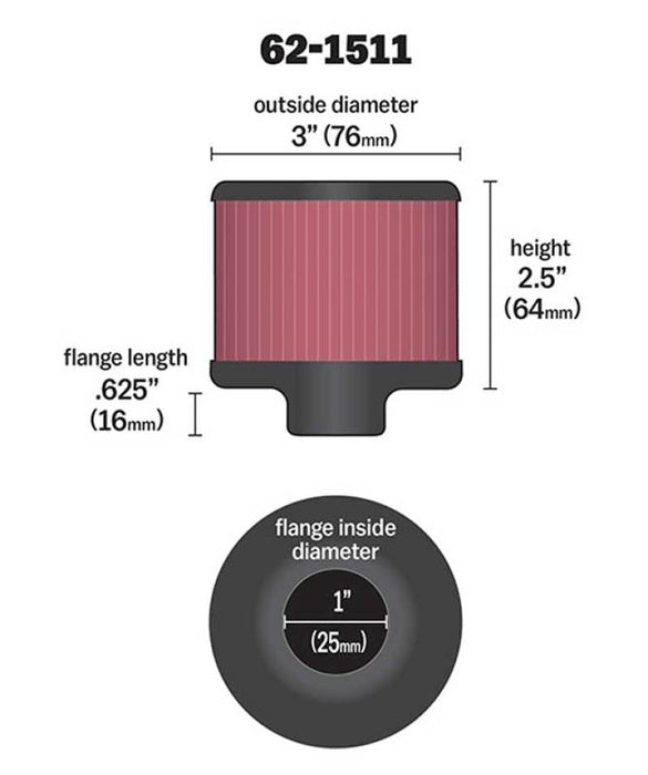 K&N 1in Flange ID x 3in OD x 2.5in Height Clamp On Crankcase Vent Filter 62-1511