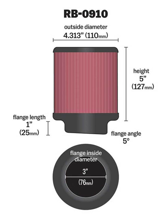 K&N Universal Rubber Filter 3 inch 5 Degree FLG 4 1/2 inch OD 5 inch Height RB-0910