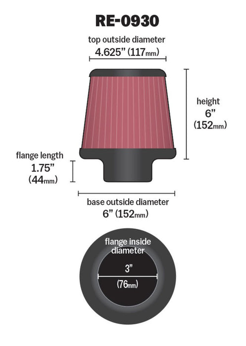 K&N Universal Rubber Filter Round Tapered 6in Base OD x 3in Flange ID x 6in H RE-0930