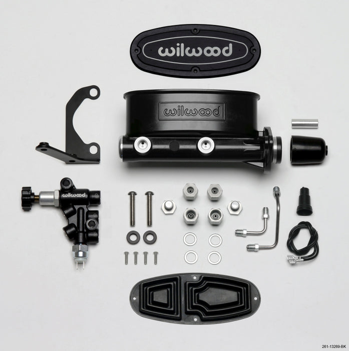 Wilwood HV Tandem M/C Kit w L/H Bracket & Prop Valve 1in Bore Black 261-13269-BK