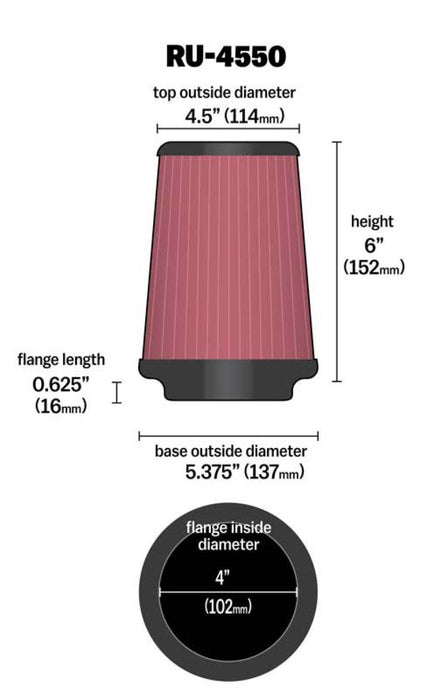 K&N Universal Air Filter 4in Flange / 5-3/8in Base / 4-1/2in Top / 6in Height RU-4550