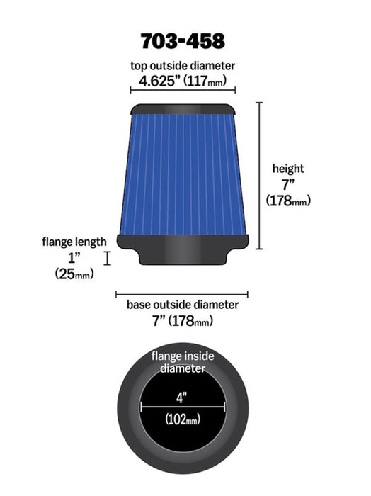 Airaid Universal Air Filter Cone 4 x 7 x 4 5/8 x 7 w/ Short Flange Blue SynthaMax 703-458