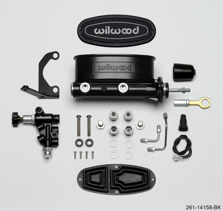 Wilwood HV Tandem M/C Kit w L/H Bracket & Prop Valve 15/16in Bore Black-W/Push. Early Mustang 261-14158-BK