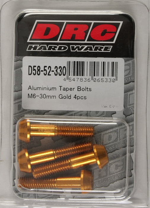 4/PC DRC ALUM M6 TAPER BOLTS 30MM GLD