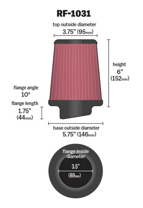 K&N Round Tapered Universal Air Filter 3.5in Flange ID / 5.75in Base OD / 3.75in Top OD / 6in H RF-1031