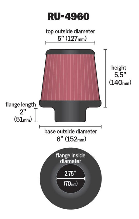 K&N Filter Universal Rubber Filter 2 3/4 inch Flange 6 inch Base 5 inch Top 5 1/2 inch Height RU-4960