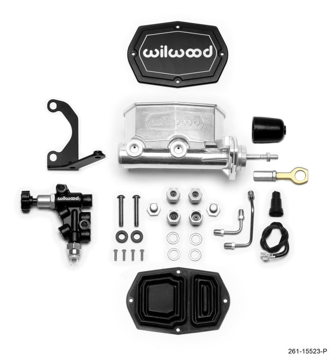 Wilwood Compact Tandem M/C 15/16in Bore w/Bracket and Valve fits Mustang (Pushrod) Ball Burnished 261-15523-P