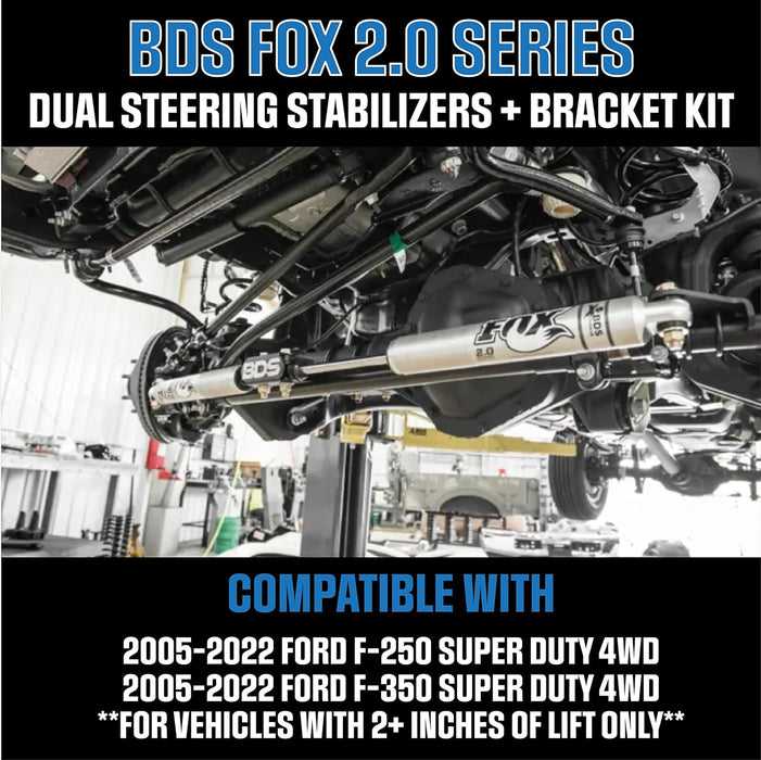 Roco 4x4 BDS Fox Shocks 2.0 Dual Steering Stabilizer Kit for 2005-2022 Ford F-250 and F-350 Super Duty 4WD with 2 Inch Lift or More | Includes Damper Bracket Mounting Kit 98224010 55380